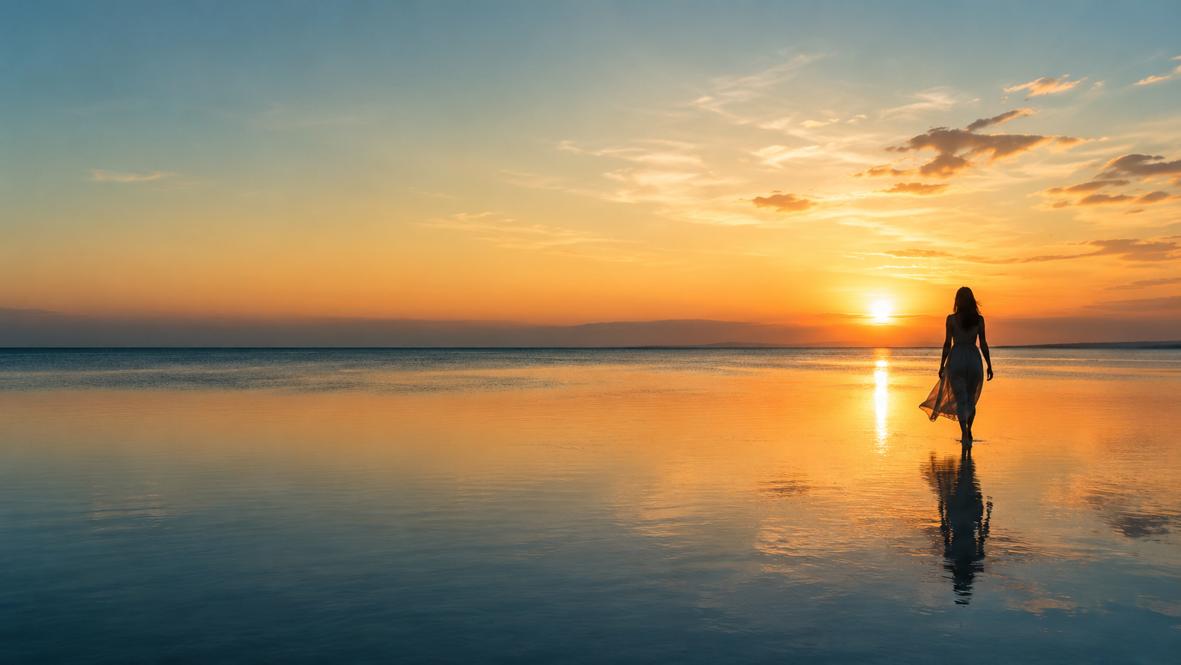 A woman walking toward the light at sunset