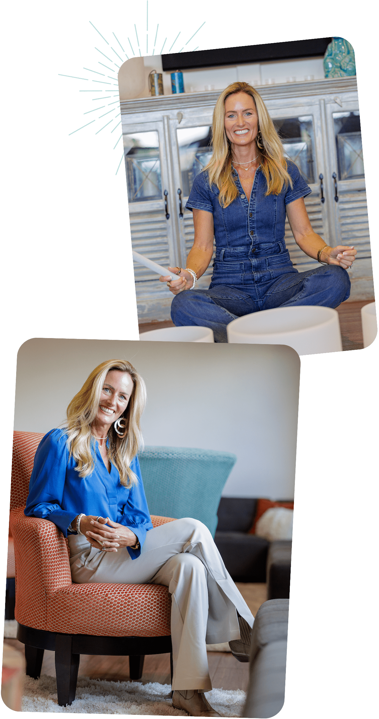 Jennifer Mulholland in sound healing practice, and seated at home